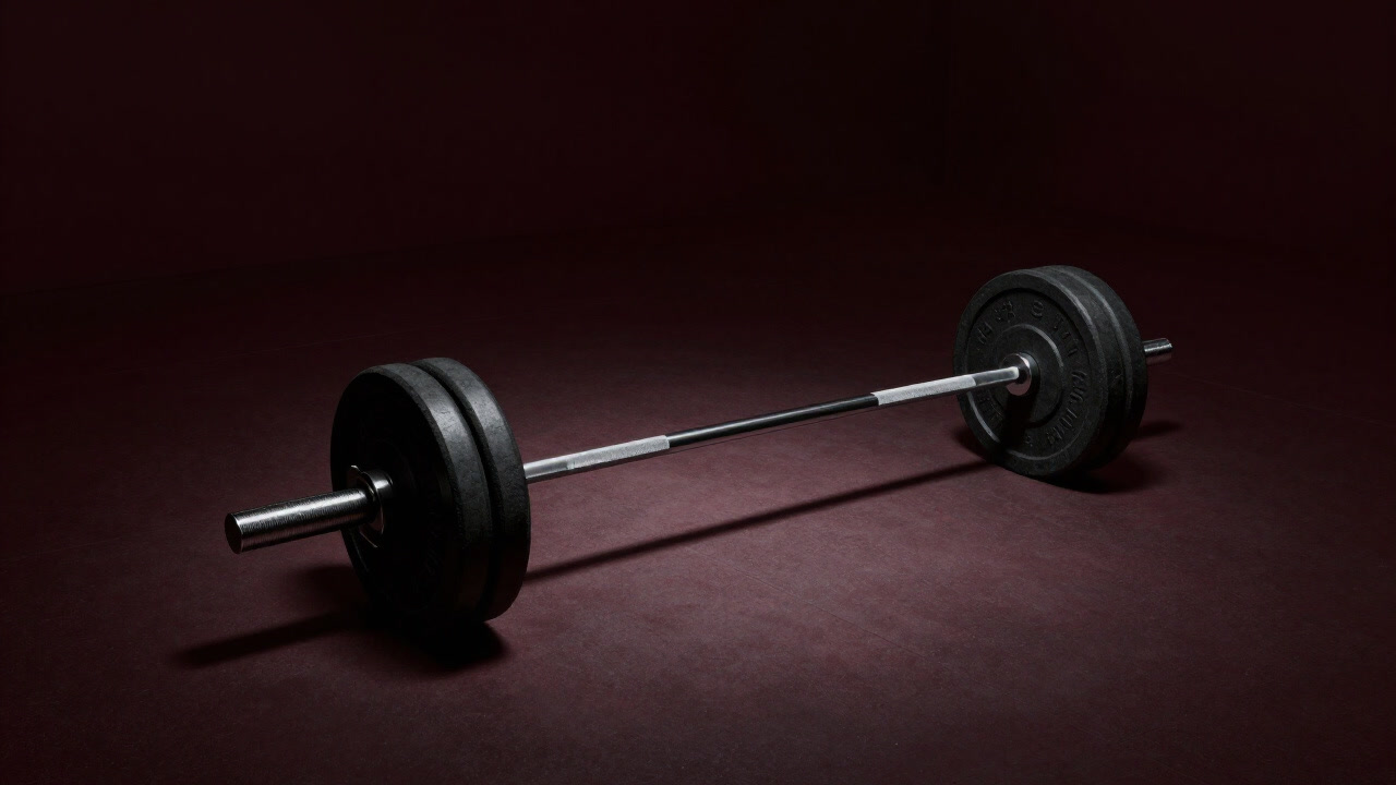 Image of a barbell resting quietly in the corner of a gym, reflecting dull metallic light
