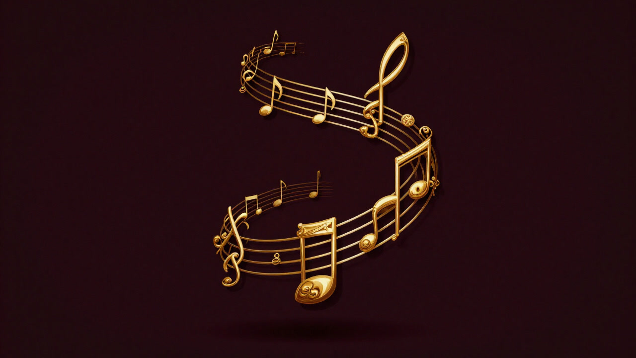 暗い背景に金色の装飾音符が螺旋状に浮かぶバロック風のイメージ画像