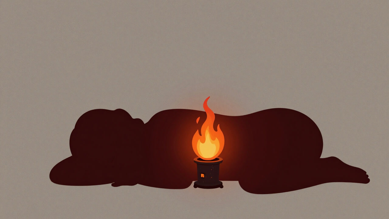 眠っている人間のシルエットから内部で小さな炎が燃え盛る炉を覗かせるイラスト