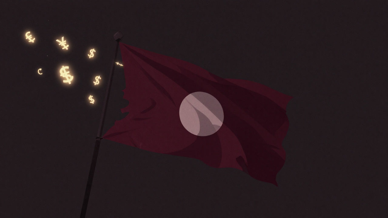 暗闇で揺らめく通貨記号が国旗を溶かすイラスト