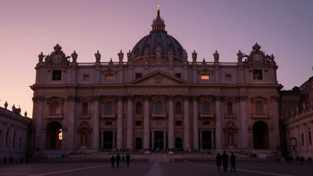 A basilica facade bathed in dim sunset light, with silhouetted tourists in front of its towering columns