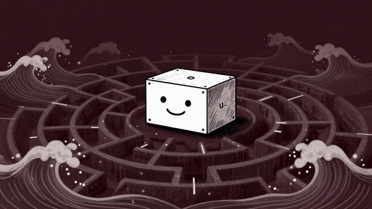 A hand-drawn style block diagram of batch normalization smiling amidst waves of data deep inside the neural network labyrinth.