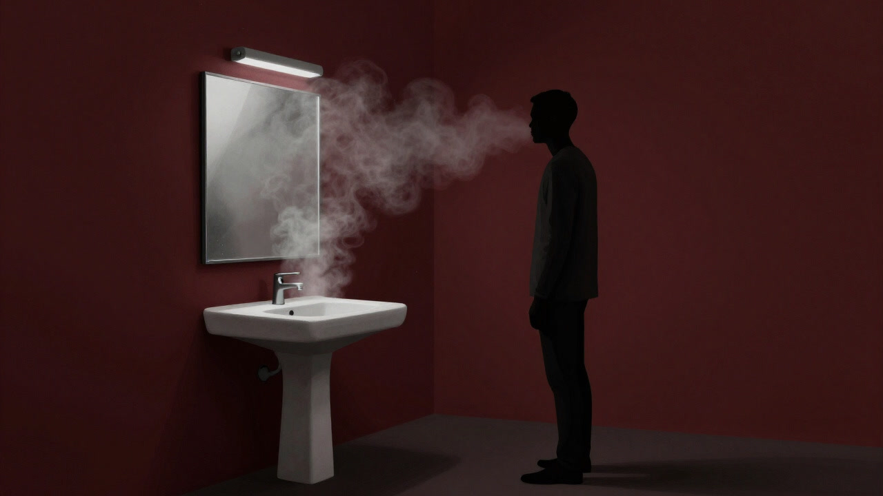 Silhouette of a person standing alone in a steamy bathroom with a fogged-up mirror