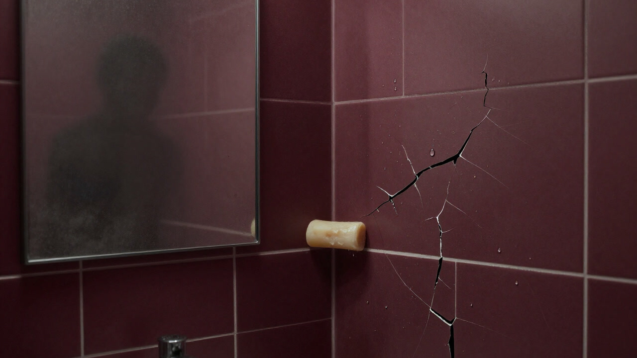 Image of a bathroom with water droplets splashed on tiles, a fogged-up mirror, and a single bar of soap left in the corner.