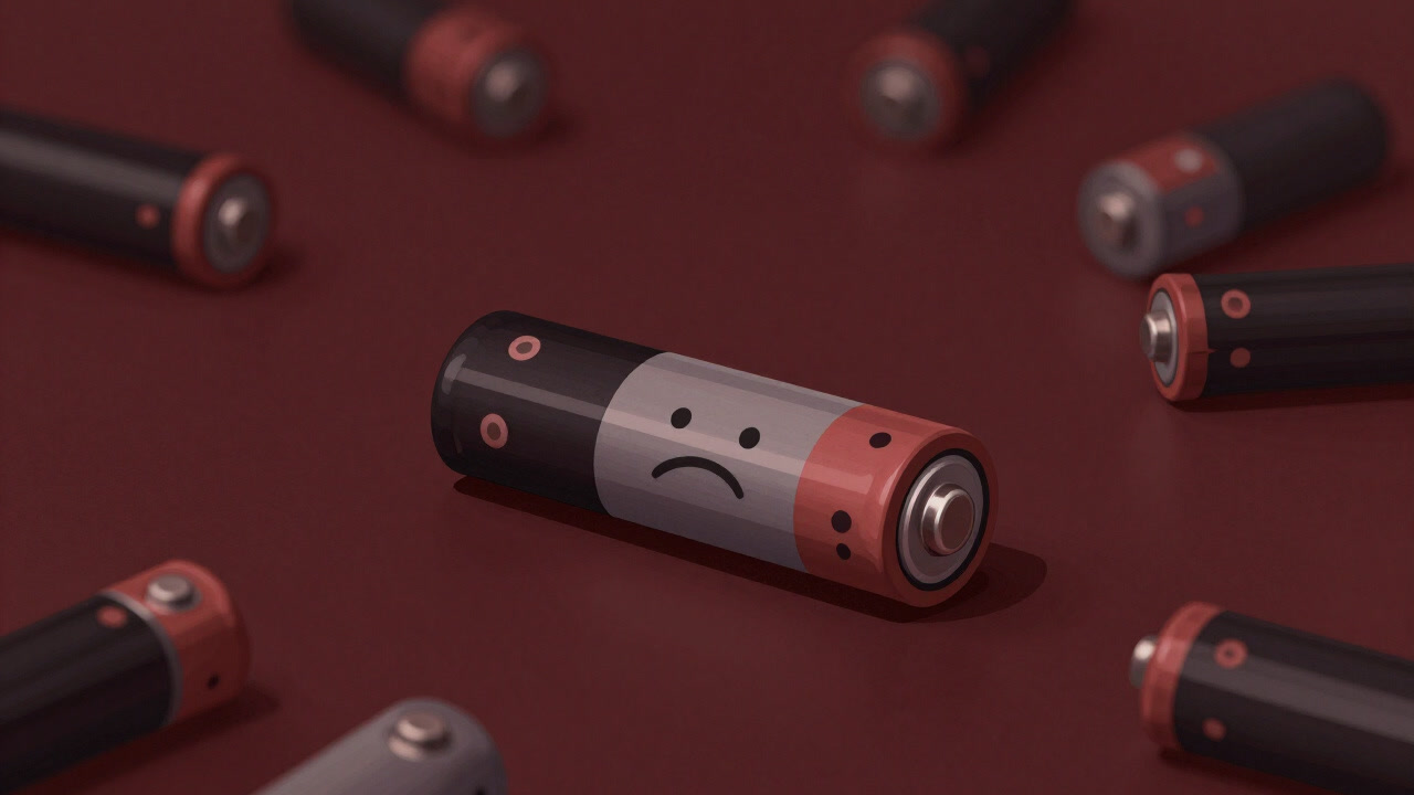 複数の乾電池が無造作に散らばったテーブルを、寂しげに見下ろす一粒の電池のクローズアップの画像