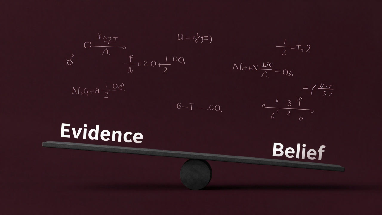 Image of a dark void with evidence and belief balanced on a scale made of probability formulas