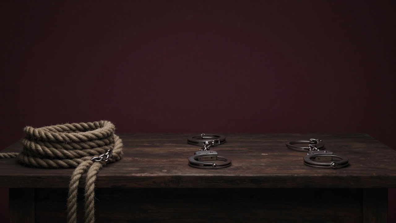 ロープと手錠が置かれた薄暗い部屋、緊張感漂う静寂の一瞬を捉えた写真風イラスト