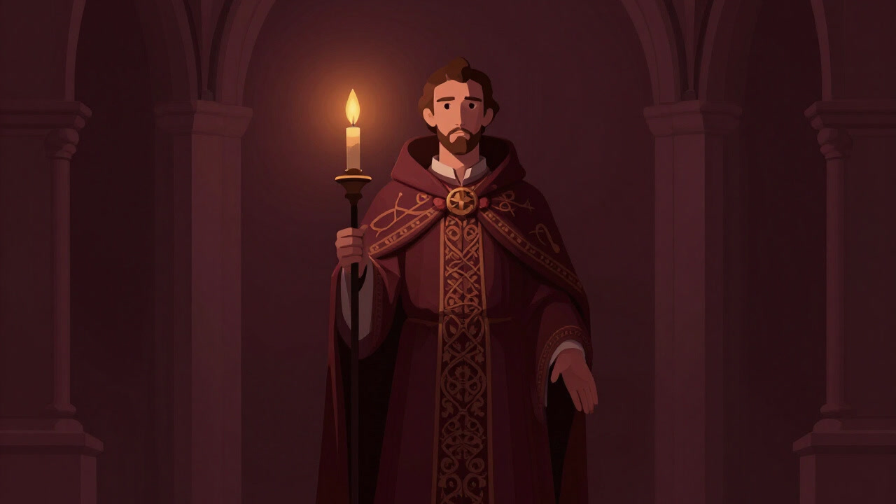 Statue of a candidate saint wearing lavish robes but only half illuminated.