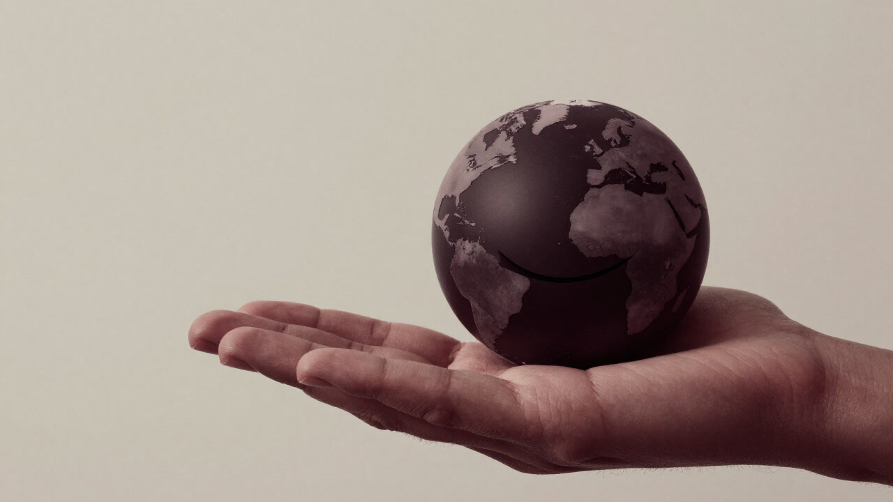 Illustration of a small Earth on a hand, smiling ominously