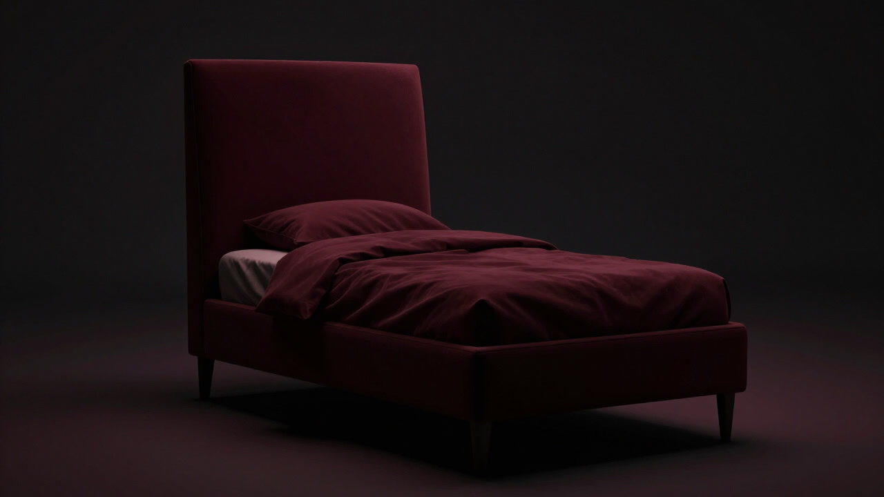 深夜、暗闇に浮かぶベッドが、まるで怠惰の王座のように見える画像