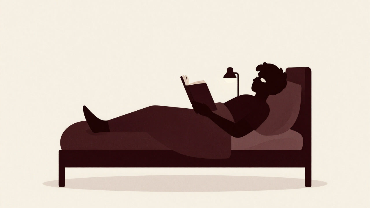 Silhouette of a person at bedside, waving a book in defiance of drowsiness