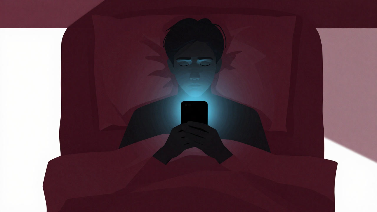 Silhouette of a person lying in bed, eyes vacant, illuminated by the blue light of a smartphone