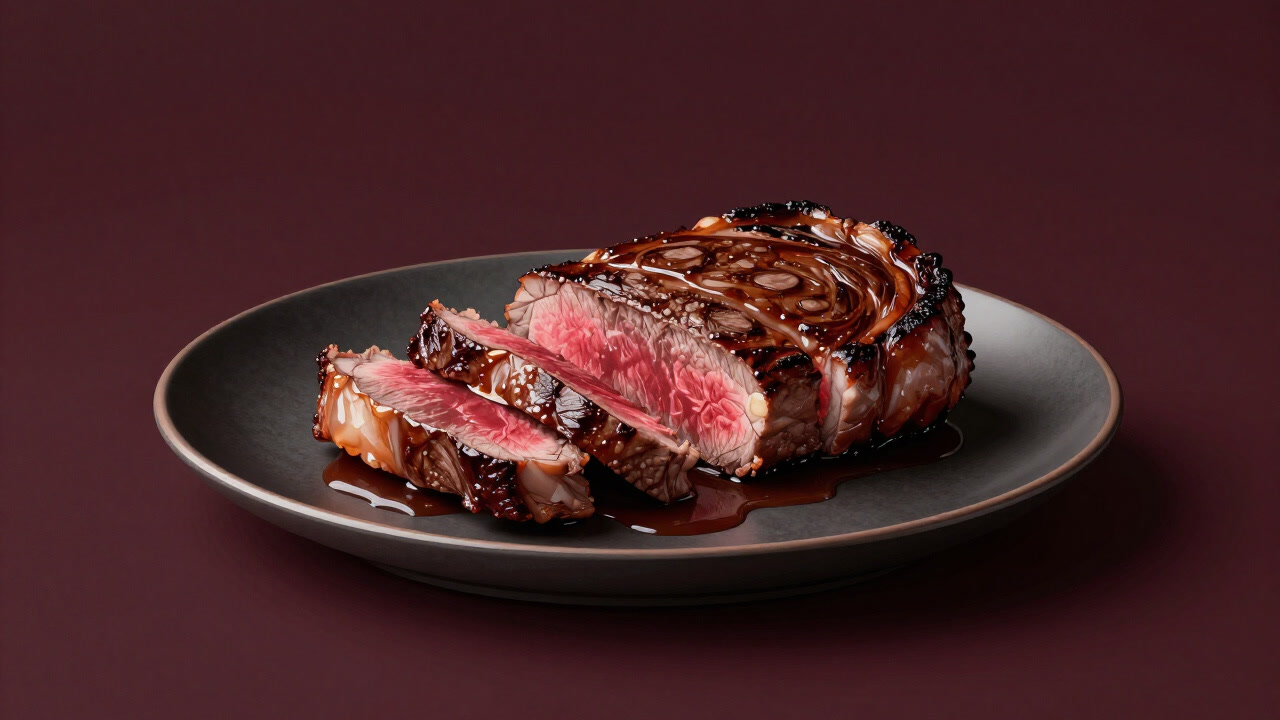 Photograph of a sliced steak exerting silent pressure on a plate.