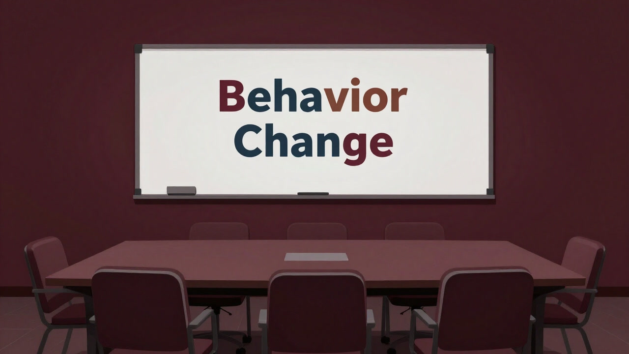 A conference room whiteboard boldly displays 'Behavior Change' in colorful letters while the room remains empty and deserted.