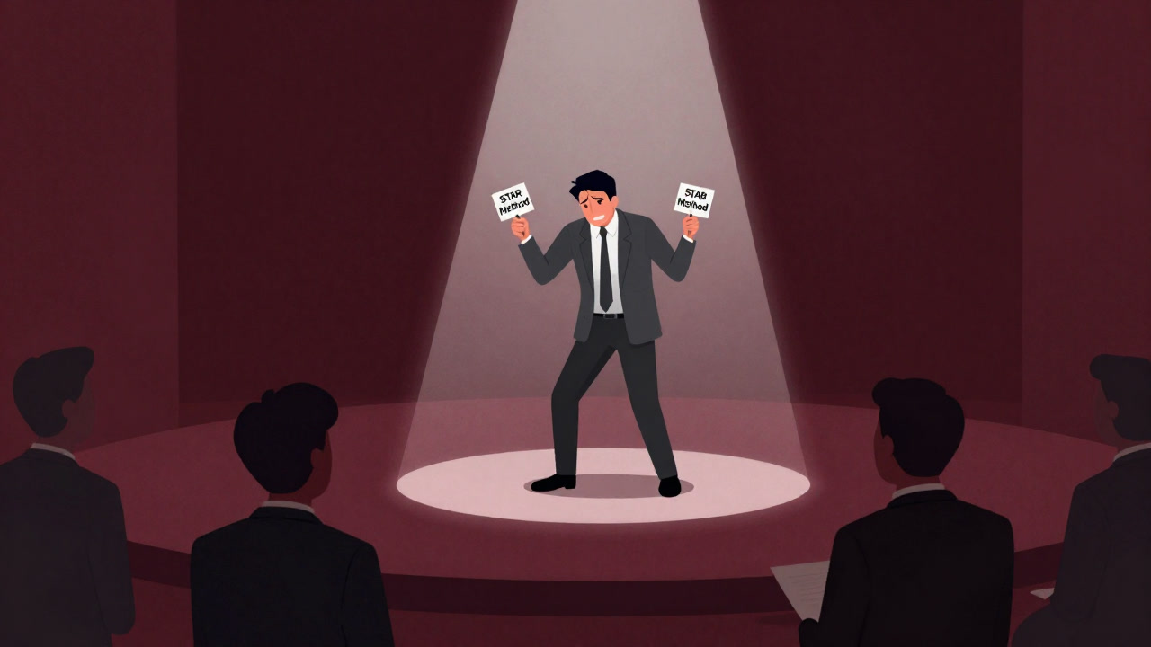 Illustration of a trembling candidate clutching STAR method cards in front of an intimidating interviewer