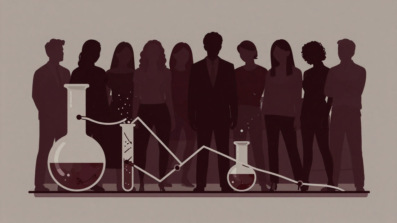 Silhouetted human figures confused amidst twisted graphs emerging from test tubes