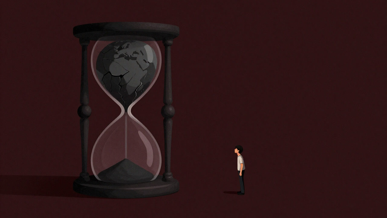 暗い背景に、砂時計の影に隠れた小さな人影がひび割れた世界を見つめるイラスト