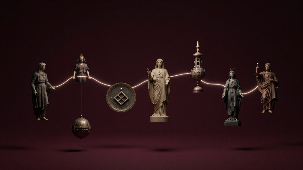 Floating symbols of various religions and philosophies connected by a single glowing thread.