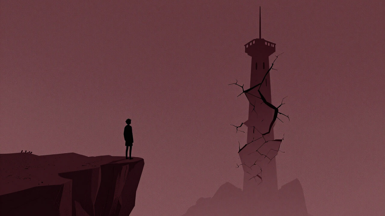 Shadow of a person standing at the edge of a cliff, believing in a crumbling tower