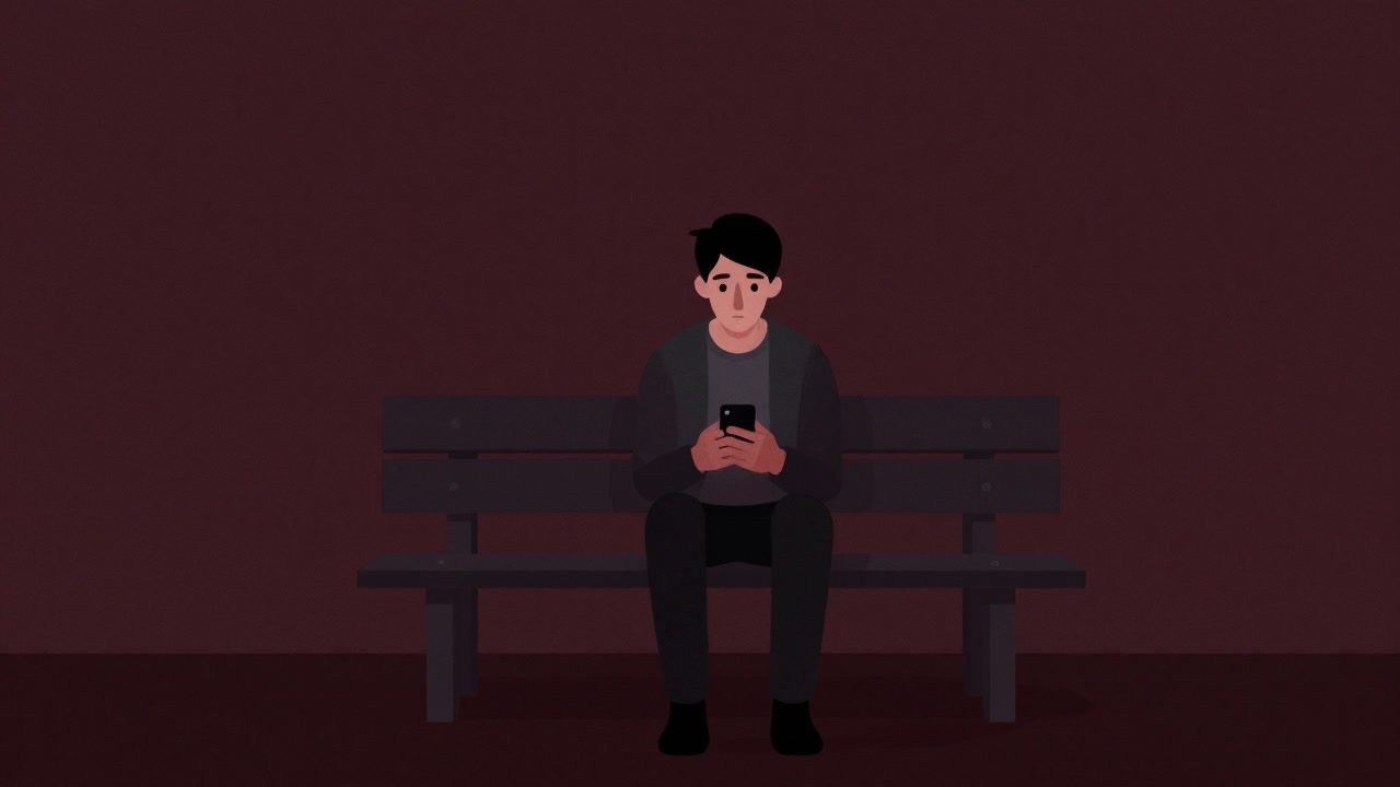 スマホを見つめながらベンチに座る人の後ろ姿