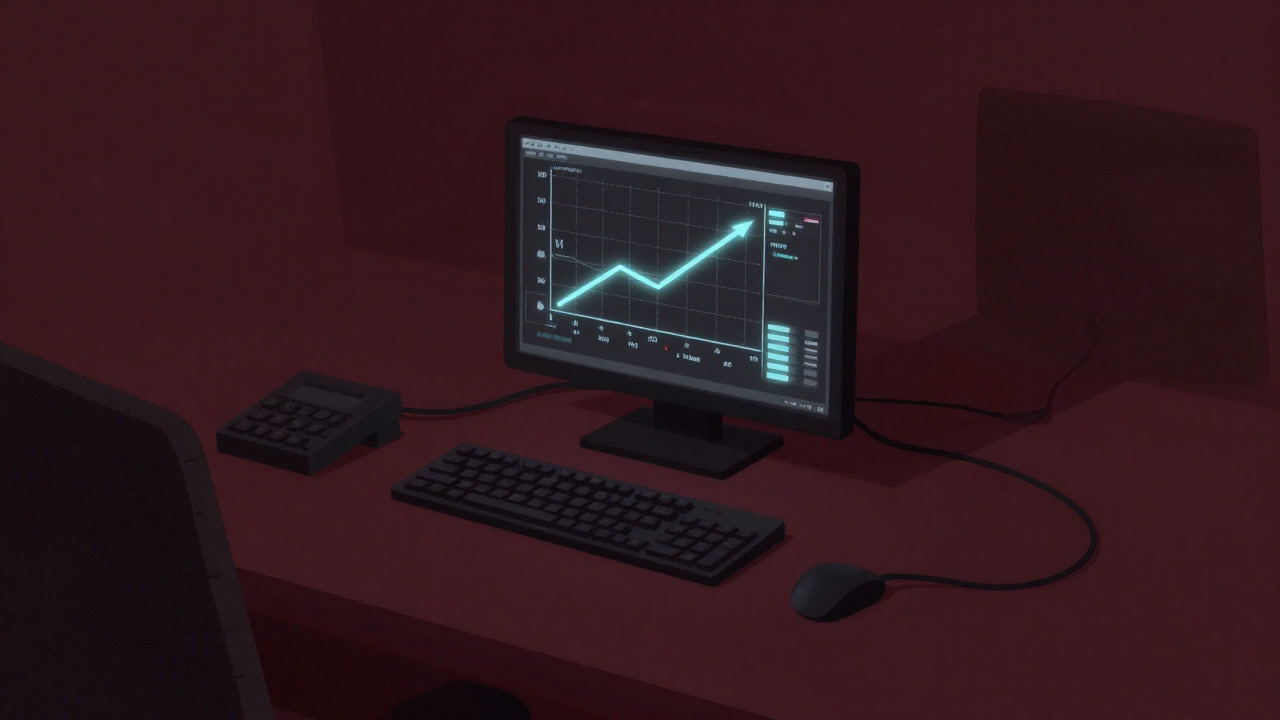 Office night scene with a benchmark graph glowing eerily surrounded by keyboards