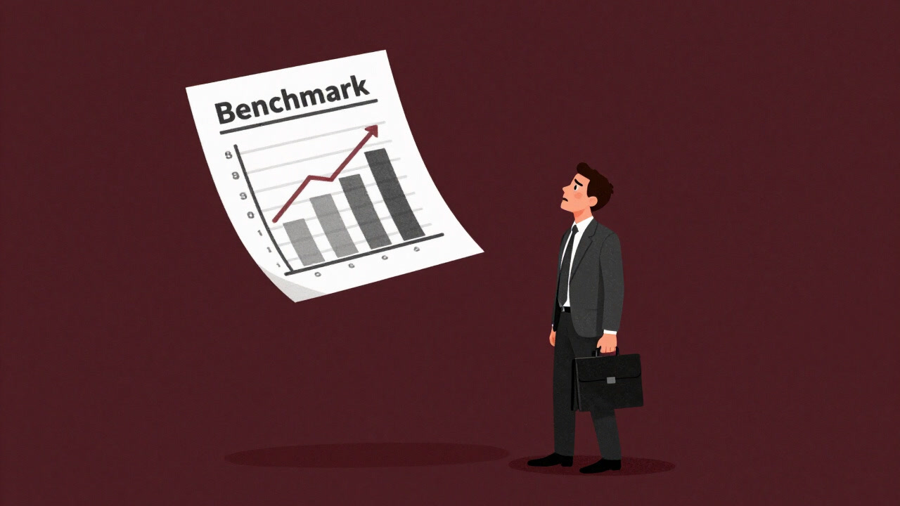 Image of a manager being mocked by a pitiful benchmark chart.