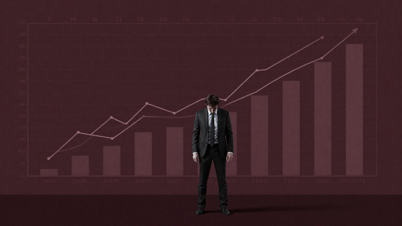 Illustration of a pale-faced businessman standing in front of line and bar charts