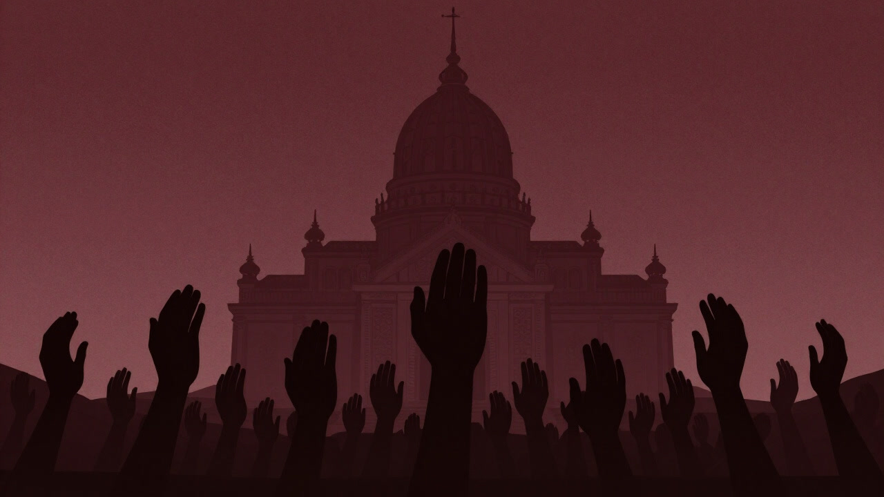 神殿の前で無数の手が天を仰ぎ、虚空に祝詞を捧げる影絵