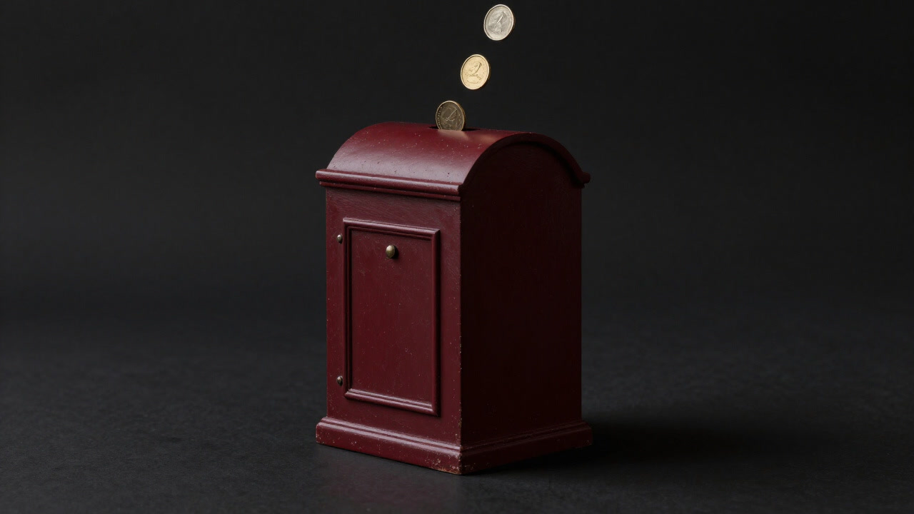 Coins silently dropping into an old church donation box
