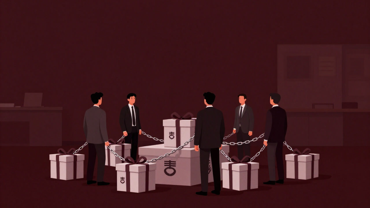 社員が鎖でつながれたプレゼントを前に複雑な表情を浮かべるイラスト