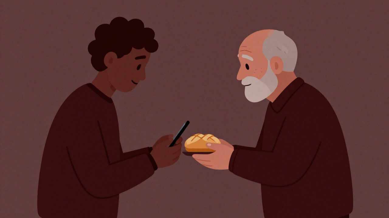 スマホを操作しながら高齢者にパンを差し出す現代の善意の風景