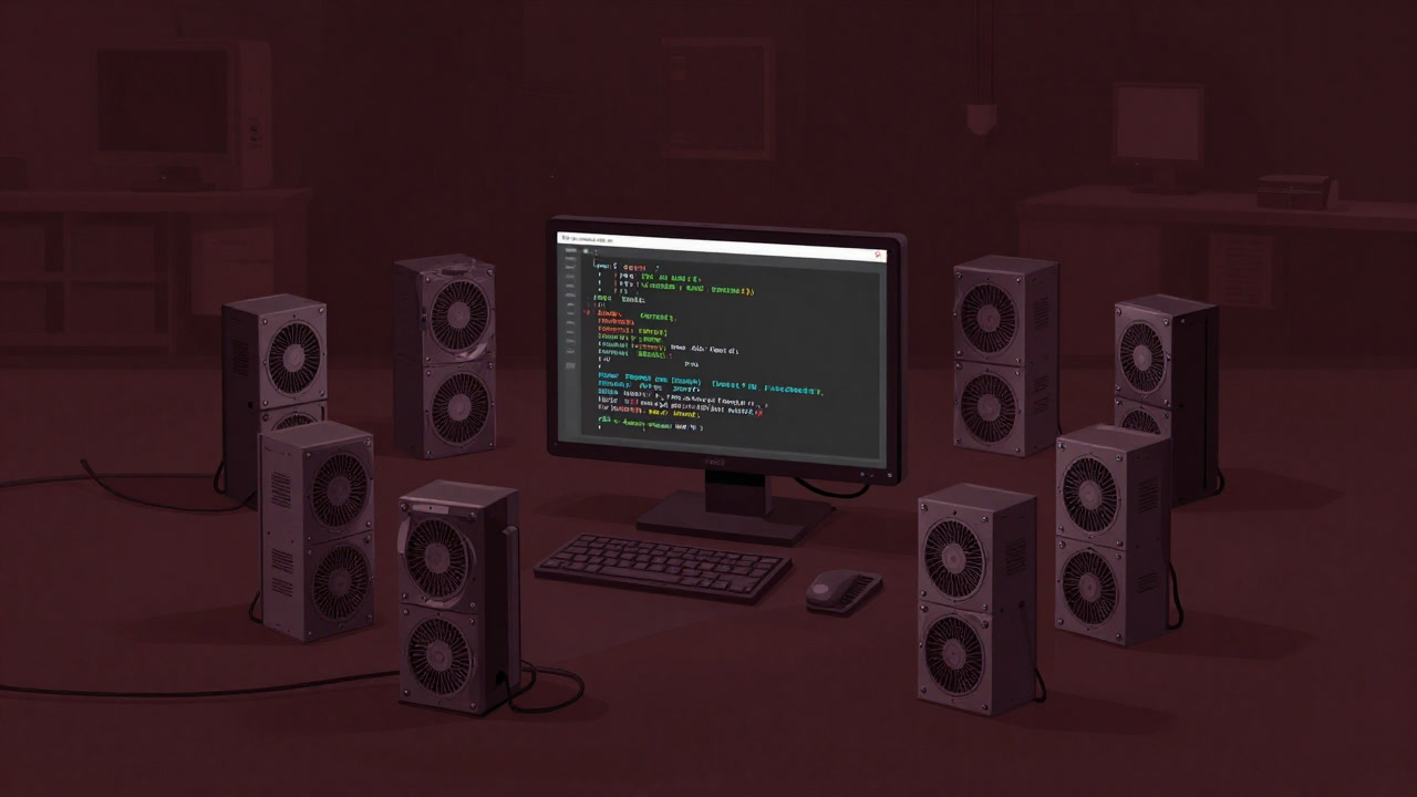 薄暗い研究室で、無数のGPUに囲まれながら動きが止まったBERTモデルのスクリーンが映る光景