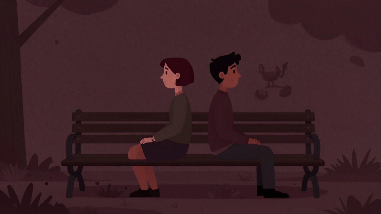 Illustration of two young friends sitting back-to-back with smiles, measuring the distance of their hearts