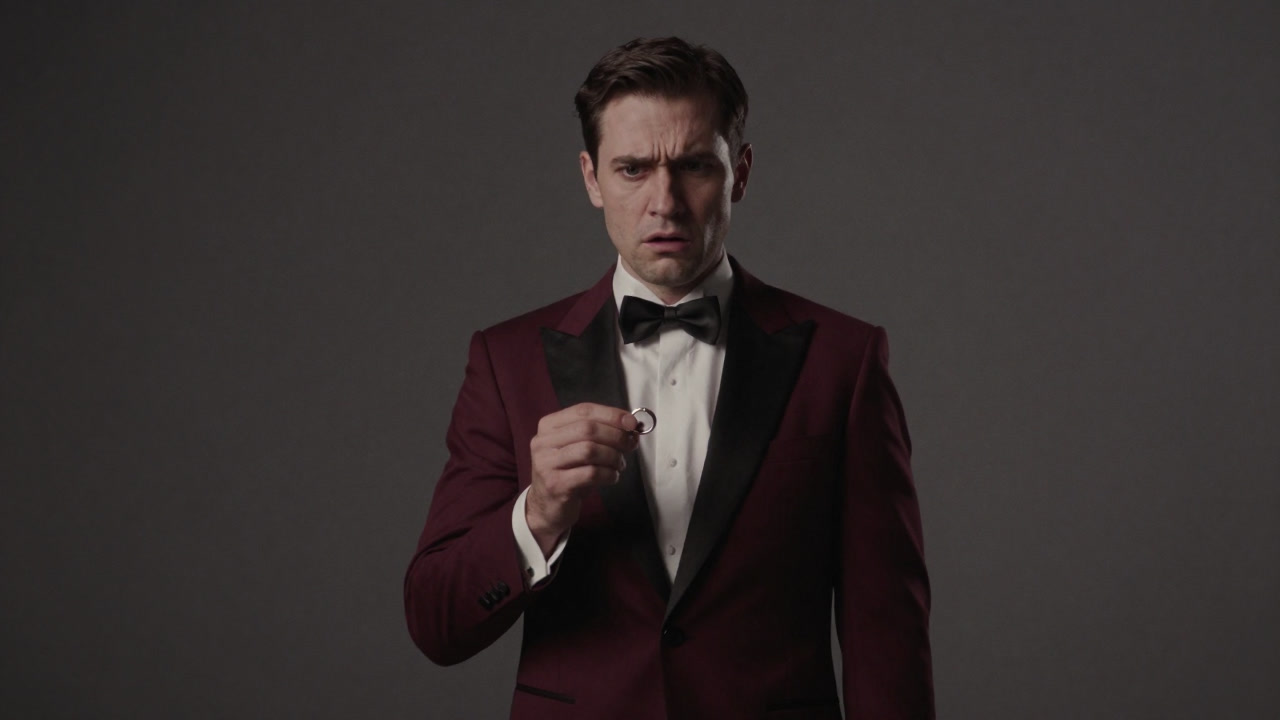 Photo of a best man in a tuxedo staring at a wedding ring with a serious yet panicked expression