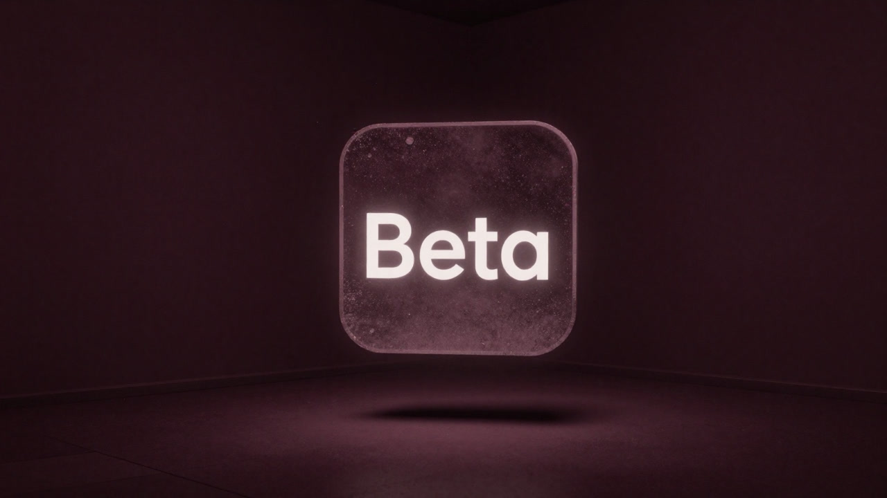 A dusty Beta software icon faintly glowing in a dimly lit office corner