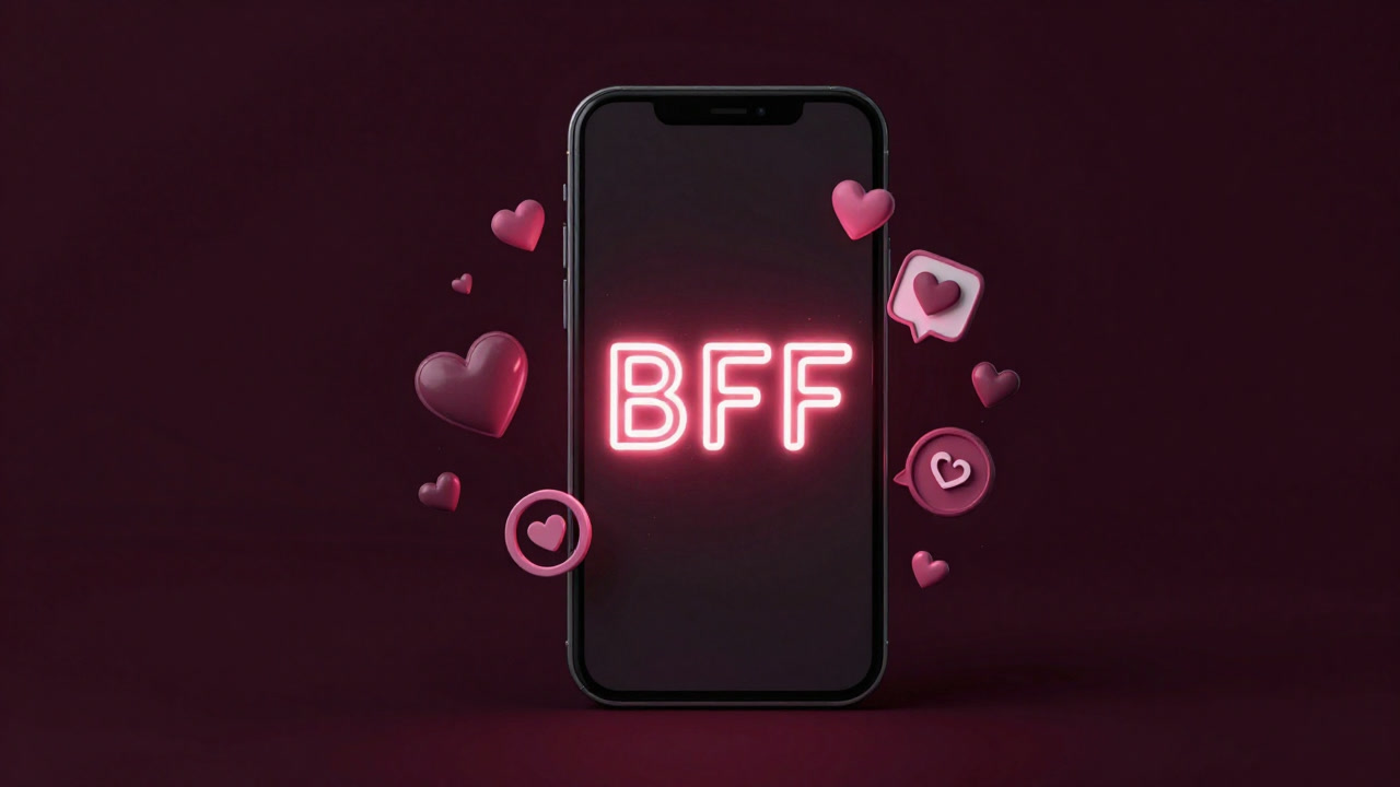 Illustration of a smartphone screen illuminated with neon 'BFF', with floating hearts and social media icons in the background.