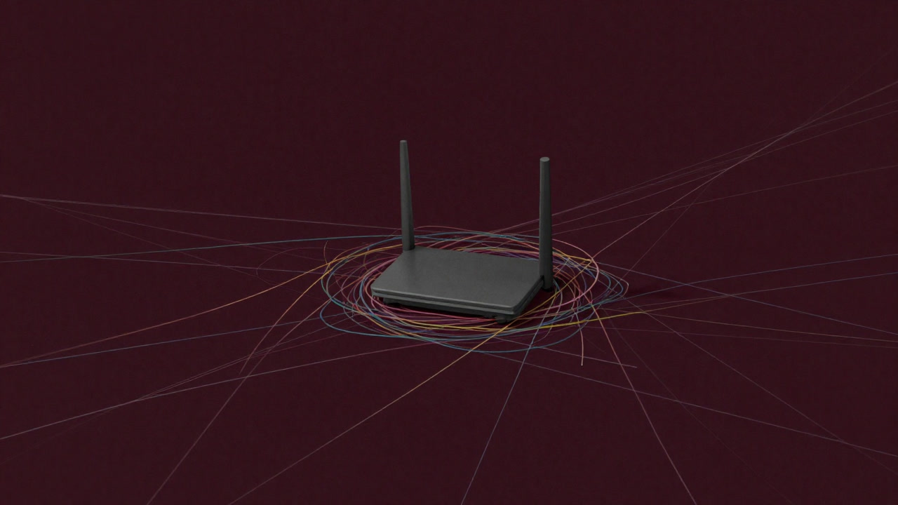 無数の線が交差し、混沌としたネットワーク図の中で孤立したBGPルータを示すイメージ