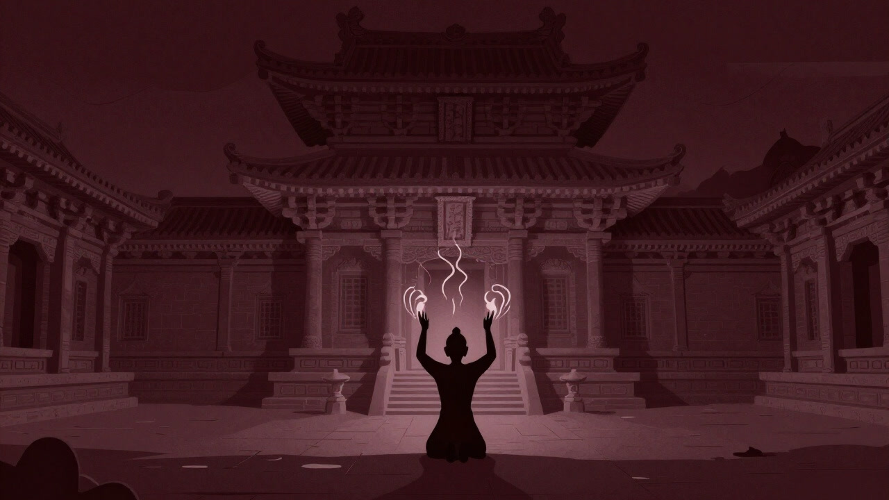Silhouette of a practitioner closing eyes before a temple at night, raising bhakti