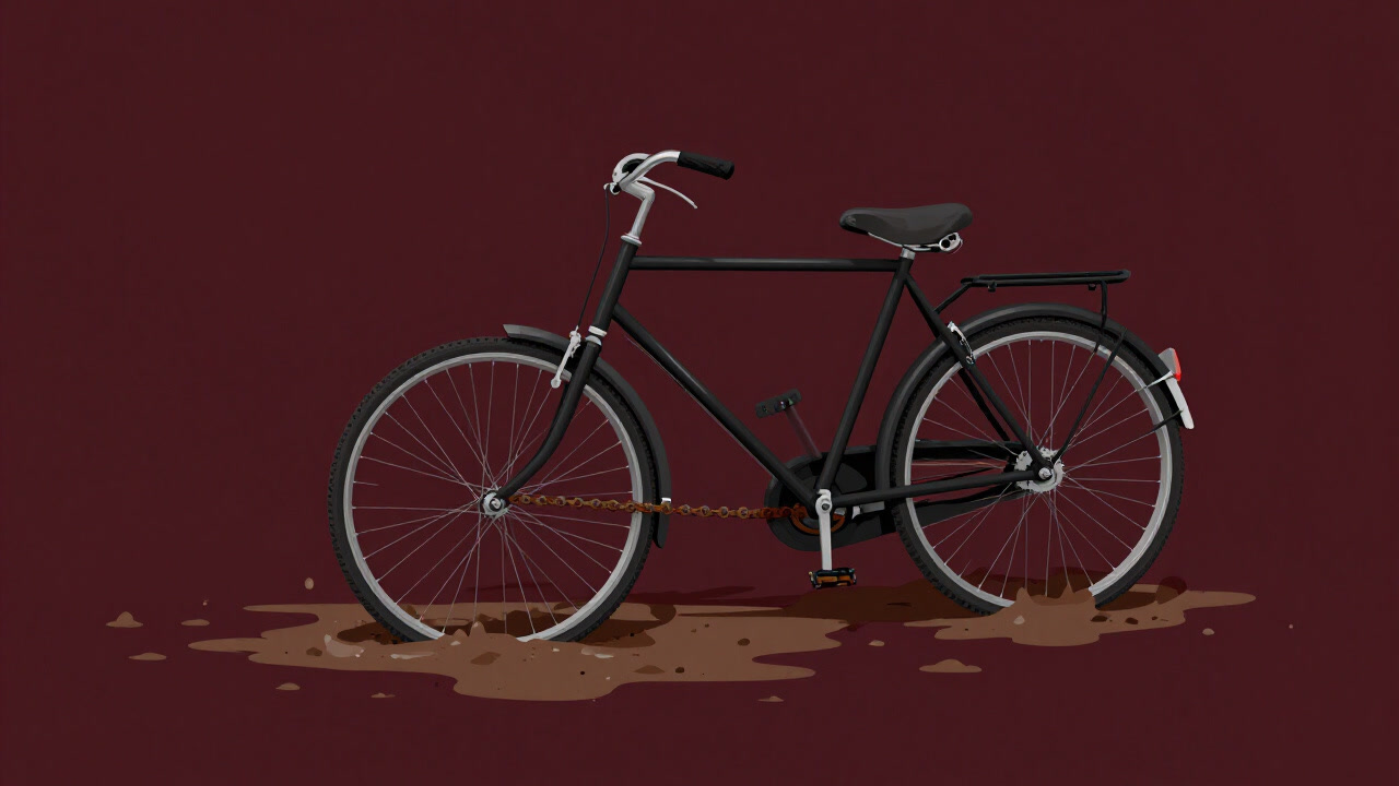 Image of a bicycle with a rusted chain stuck in a muddy puddle, one wheel sinking.