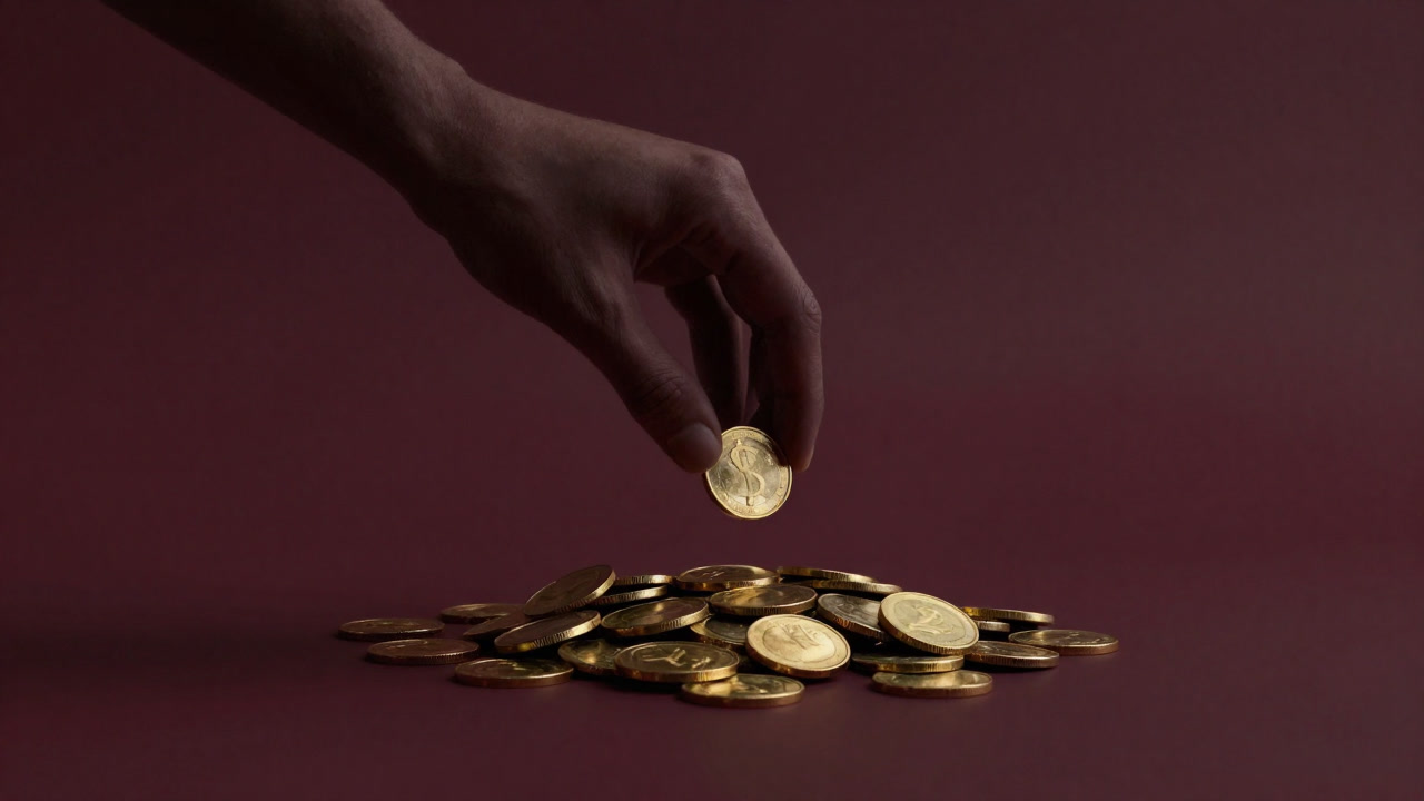 金貨の山から少額のコインをこっそり摘み取る影のような手のイラスト