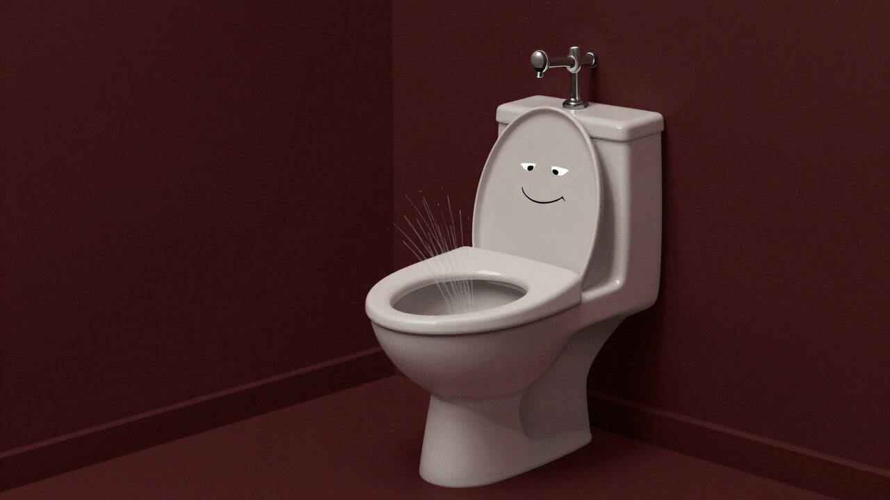 トイレの壁に取り付けられたビデが冷たい視線でこちらを見つめる様子