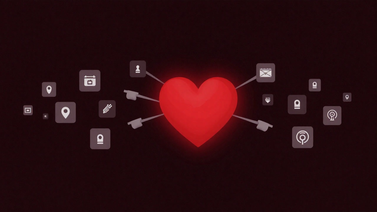 暗い背景に浮かぶ赤いハートを指さす無数のデジタルアイコンの集合体