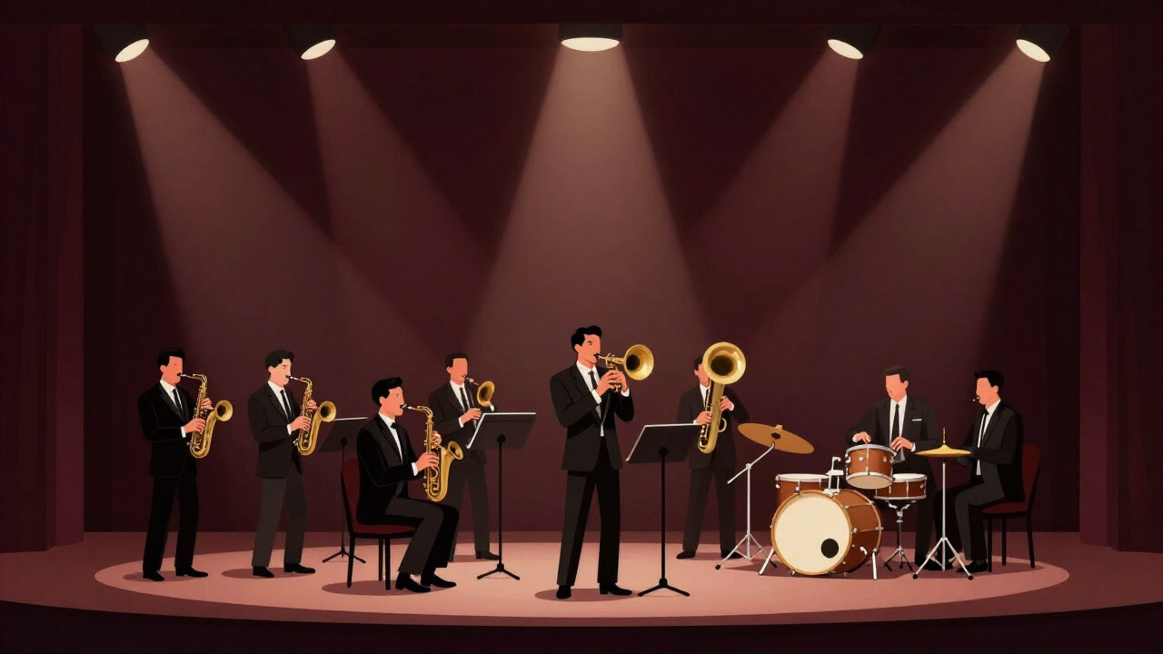 Image of a large ensemble of musicians lined up on a dark stage under shining spotlights.