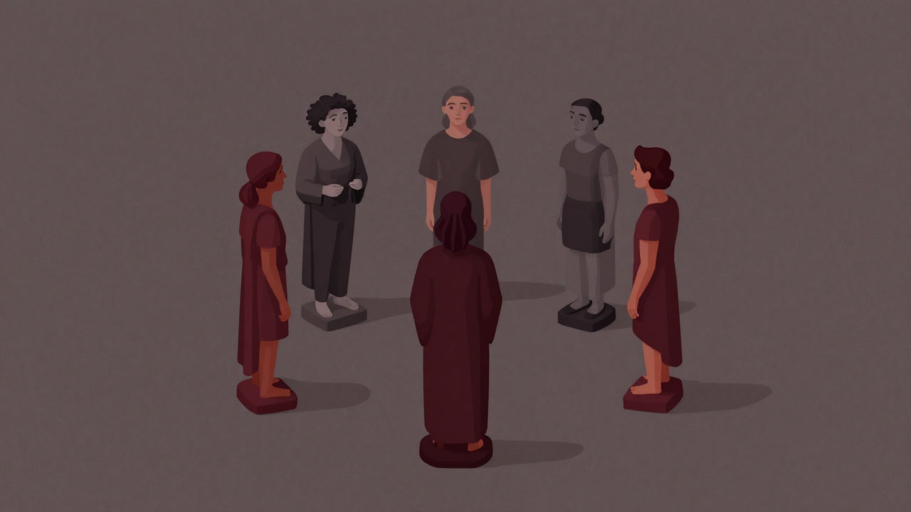 ビッグファイブの5つの性格を象徴する奇妙な彫像が円環状に並ぶイラスト