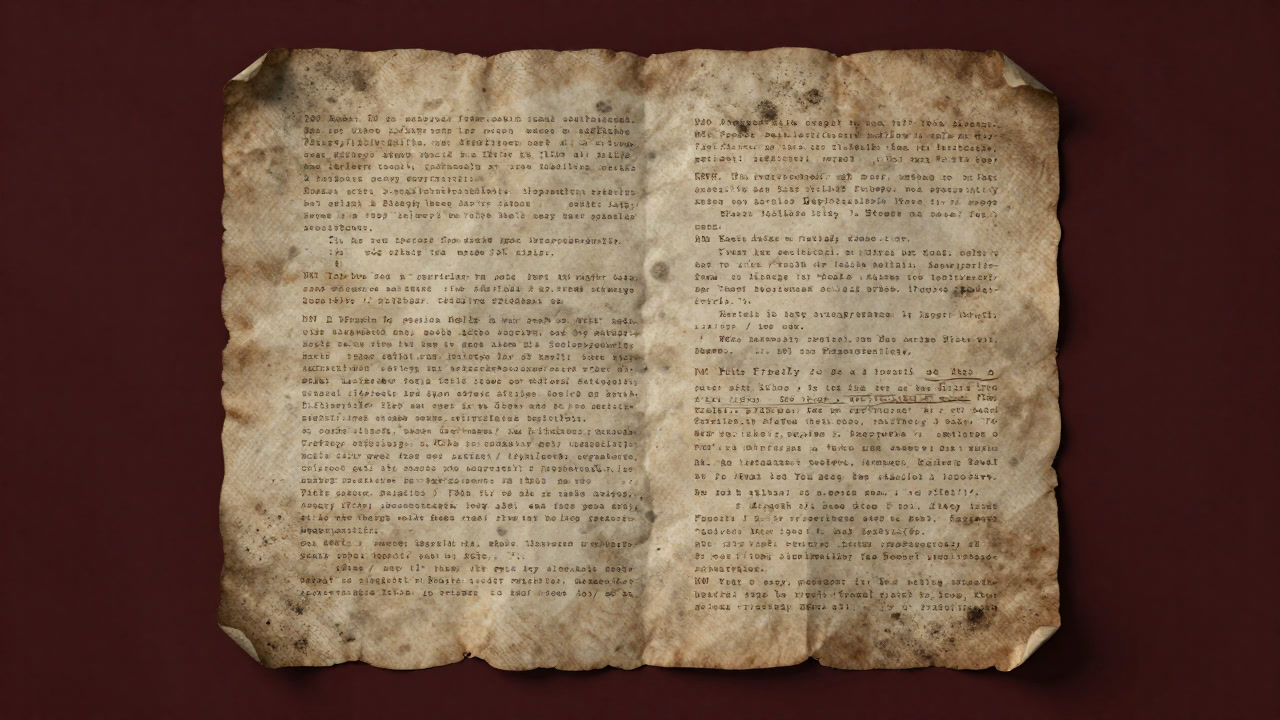 古い羊皮紙に刻まれた幾筋もの手書きの条文を、歴史の埃が覆うイメージ