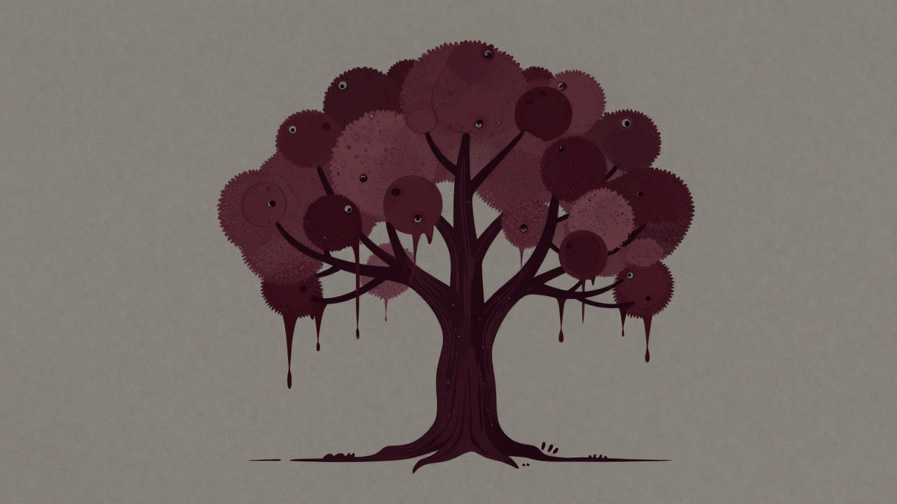 Illustration depicting a complex binary tree tangled like getting lost in a forest, branches stretching in confusion.