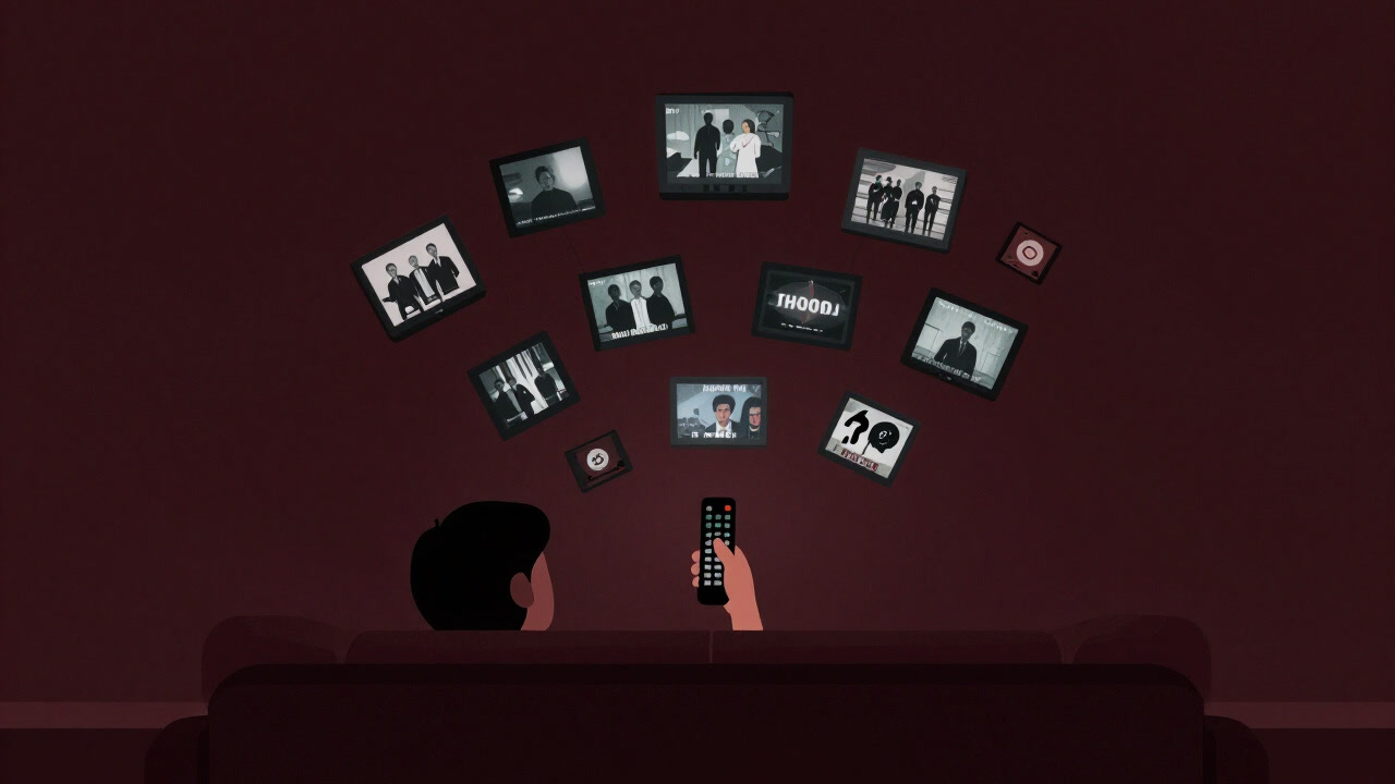 Silhouette of a person trapped in an infinite loop of episodes, remote control in hand, at midnight