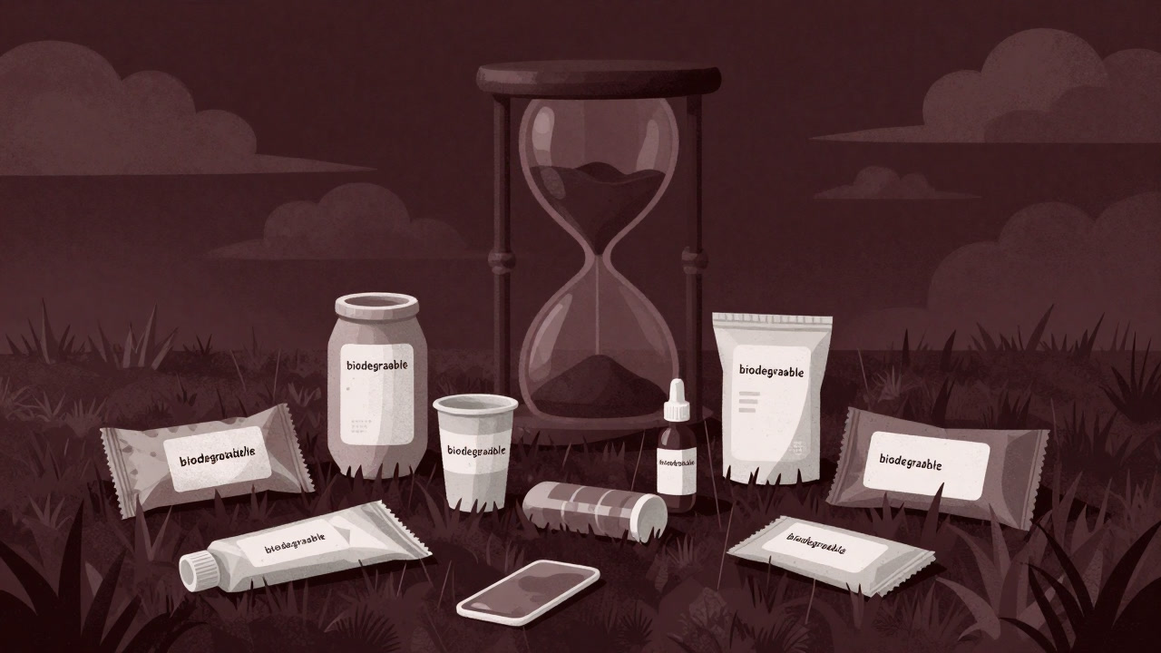 Illustration of bags and containers promising to return to the soil, with no clear timeline visible