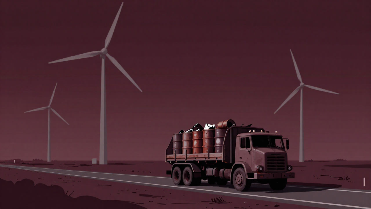 古いタンクローリーが廃油を満載し、背後に風車が回る風景