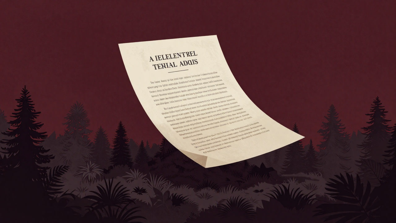 Illustration of treaty text hanging like decorations over an untouched tropical rainforest swaying in the breeze